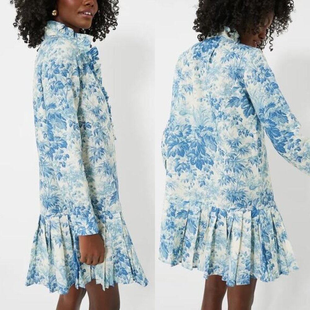 Tuckernuck Dress Misty Blue Toile Long Sleeve Drop Waist Tate Mini Dress Size S - Picture 3 of 12